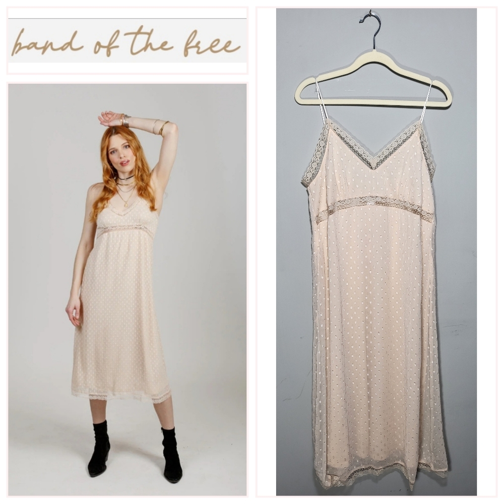 BAND OF THE FREE Size M Amalie Ivory Slip Midi Dress Lace Overlay 90s Y2K Femine